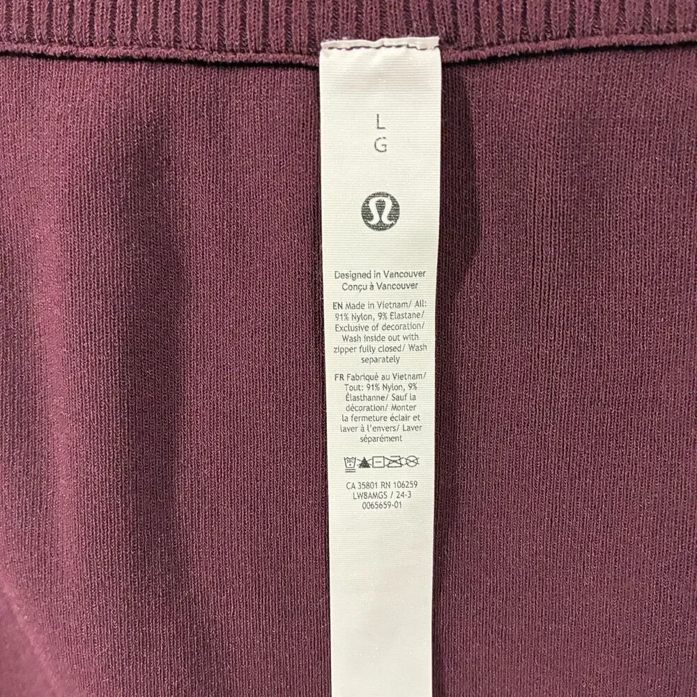Lululemon Ribbed Knit Mini Skirt L Front Zip Garnet Burgundy Stretch Athleisure